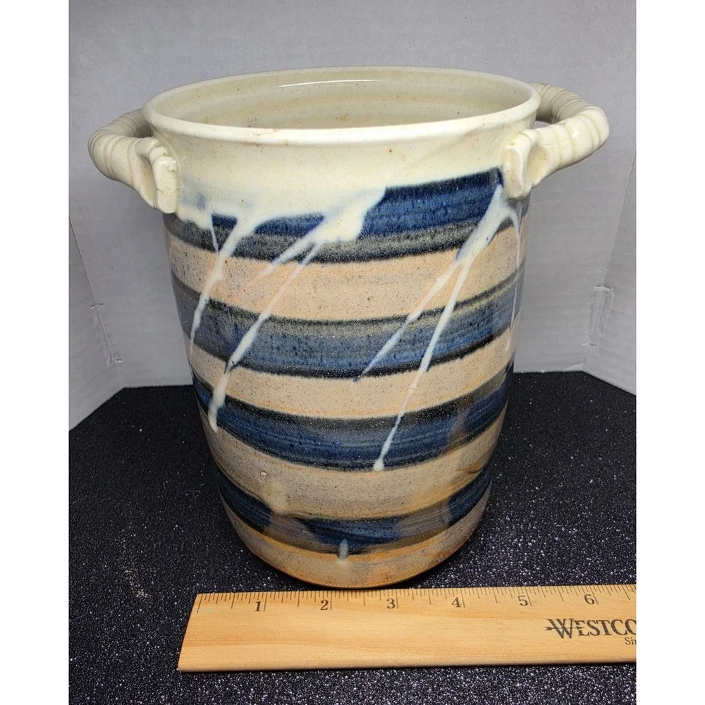 Studio Pottery Striped‎ Stoneware Vase Blue Tan Drip Glaze Lug Handles 7 Inch